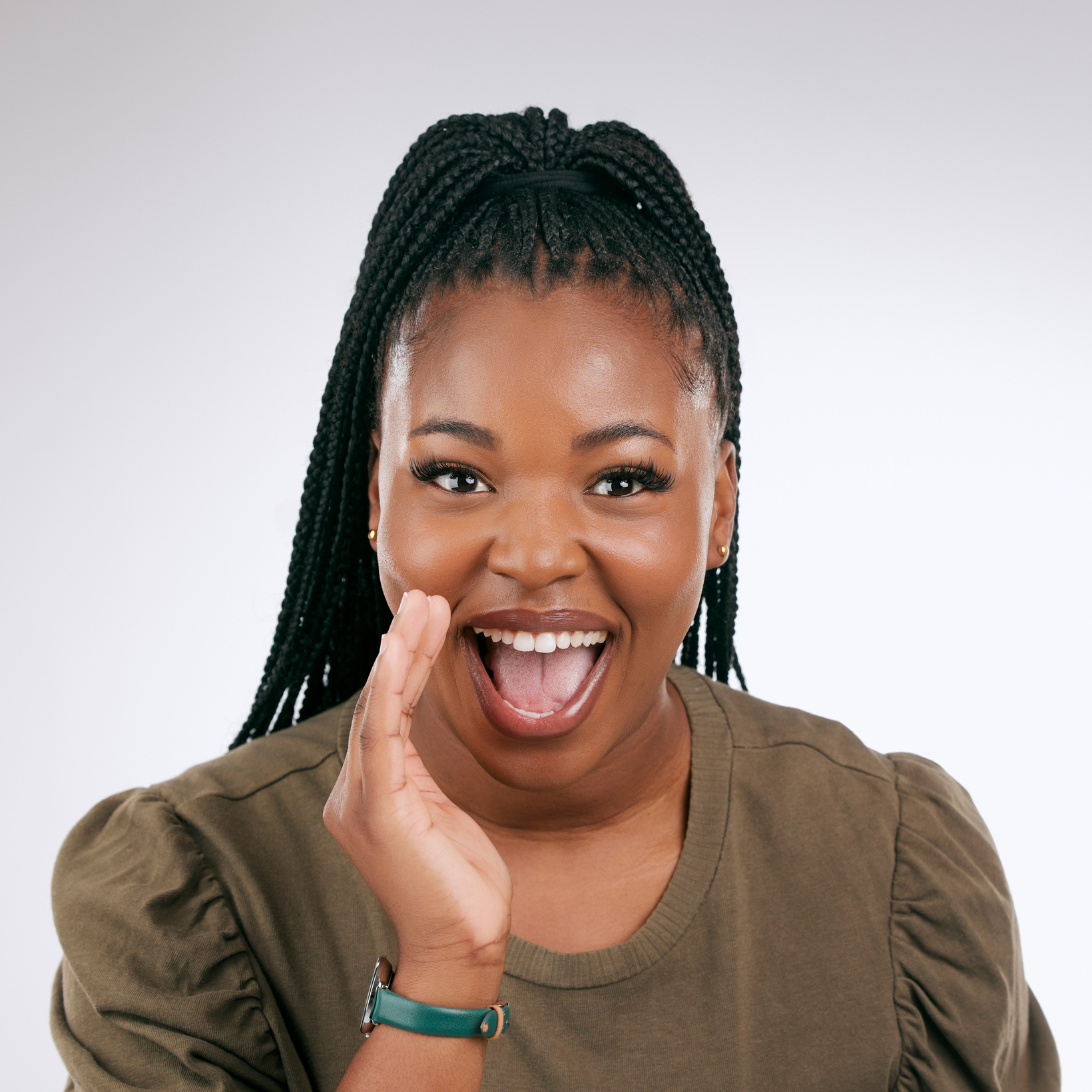 Portrait, Announcement and Excited with a Black Woman in Studio on a Gray Background to Share News. Hands, Promotion and Information with a Young Female Indoor Sharing a Secret as a Brand Ambassador